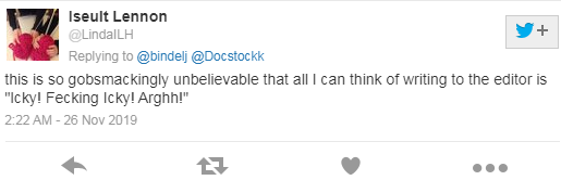 A screenshot of a Twitter post from Iseult Lennon reads, "this is so gobsmackingly unbelievable that all I can think of writing to the editor is 'icky! fecking icky! argh!'"
