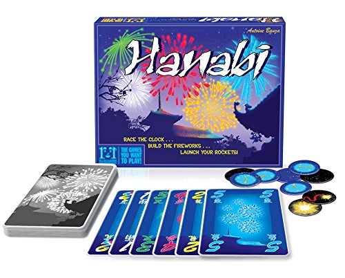 A Hanabi box stands in front of some tokens, and cards with colored numbers on them. The box says 'Race the clock... Build the fireworks... Launch your rockets!'