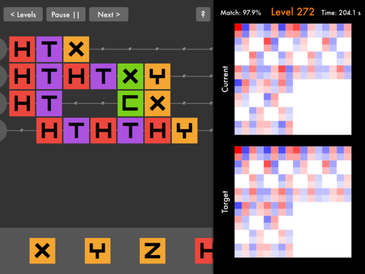 A screenshot of Meqanic. On the left are a series of operations represented by colored squares with letters in them. On the right are two grids of red and blue squares, one describing the current state, and the other describing the target state.