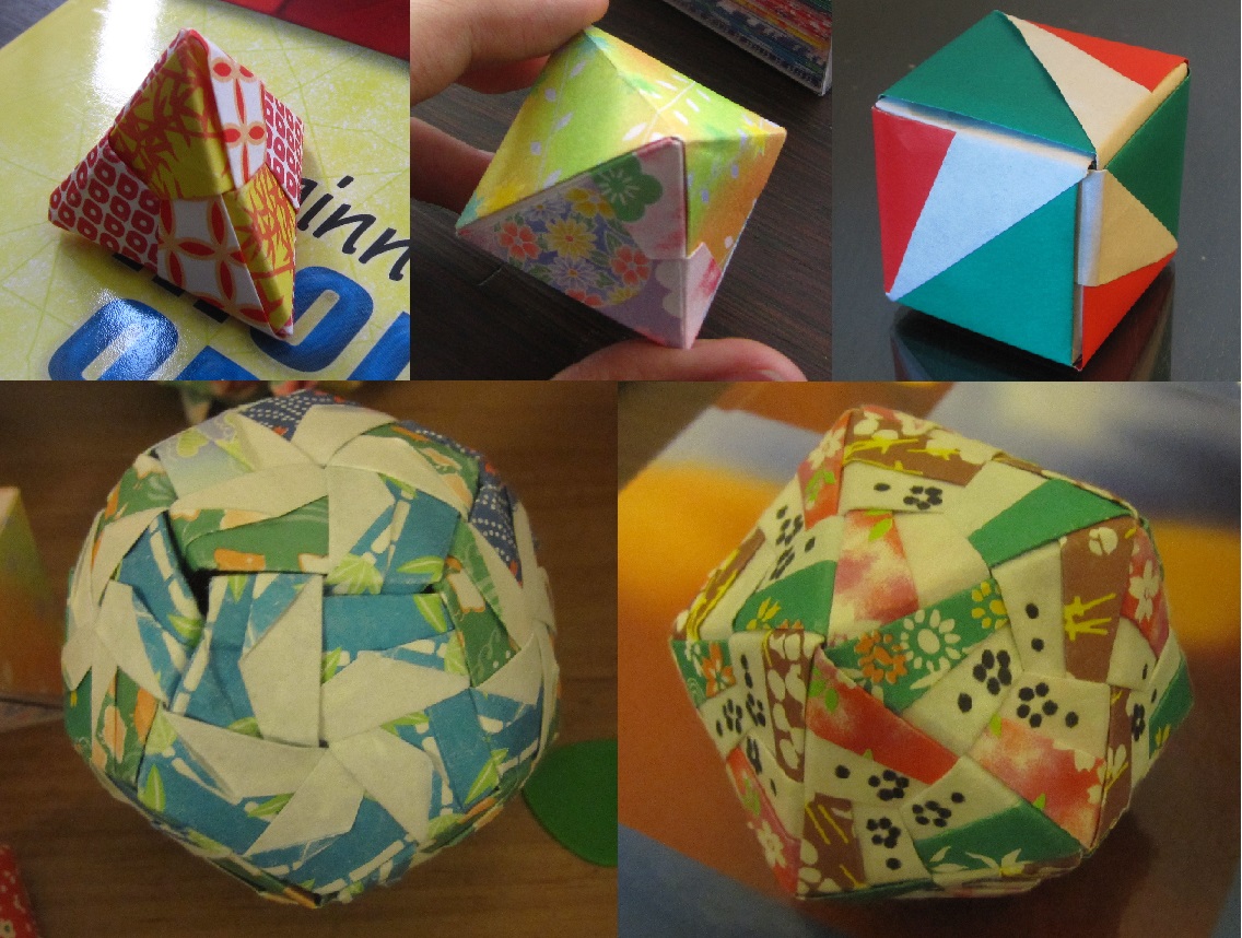 Photos of 5 origami models, one for each platonic solid