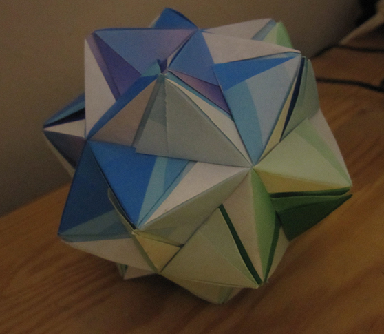 The Helica Kusudama is shaped like an icosahedron with a triangular pyramid on each face