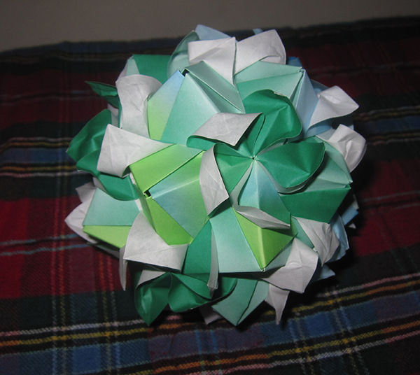 Bloomed Helica Kusudama, shown from other side.  One side is blue, this side is green.