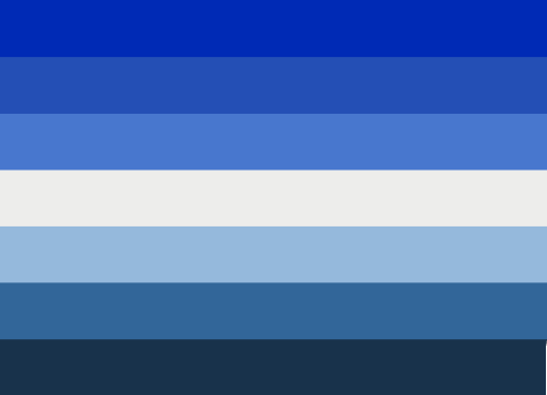 a flag with seven horizontal stripes. The middle stripe is white and the rest are shades of blue.