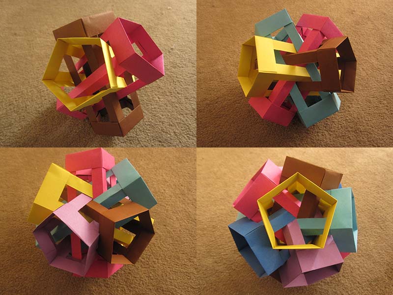 Four photos of the assembly process.  I show three pentagonal prisms, then four, then five, and six.