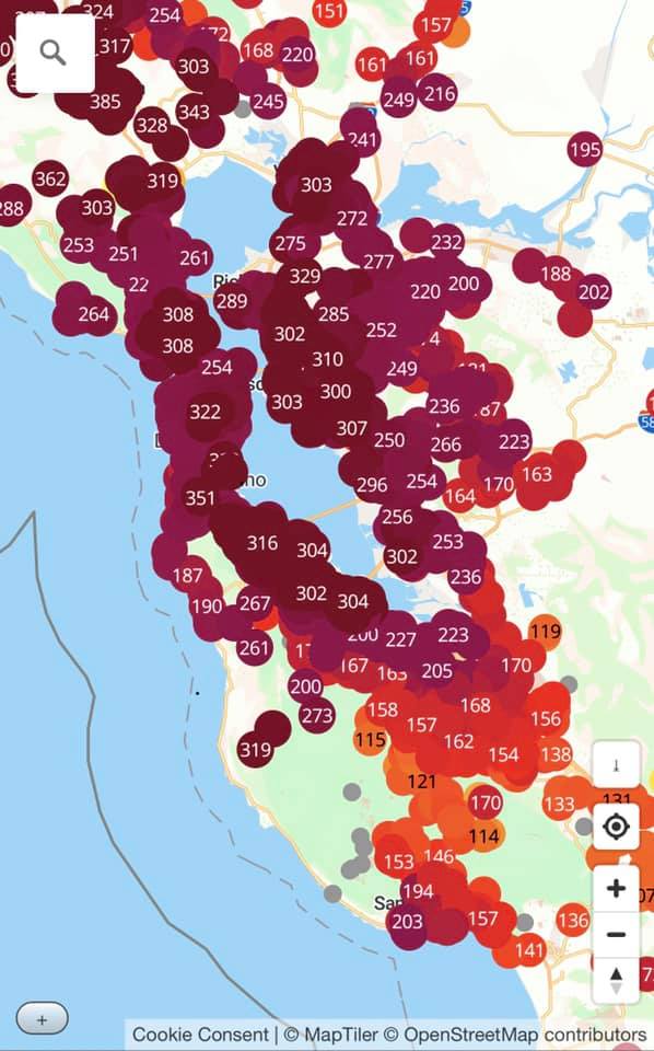 Map of AQI in the SF bay area. In many parts of the bay, it reached 300.