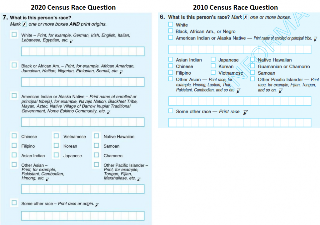 The 2010 and 2020 us census race questions side by side