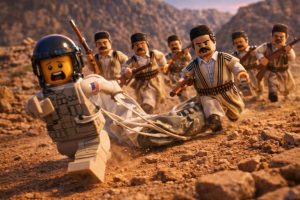 A still from an AI Lego video produced in Iran. In the video, a US pilot shot down in Iran is being chased by Iranian officials.