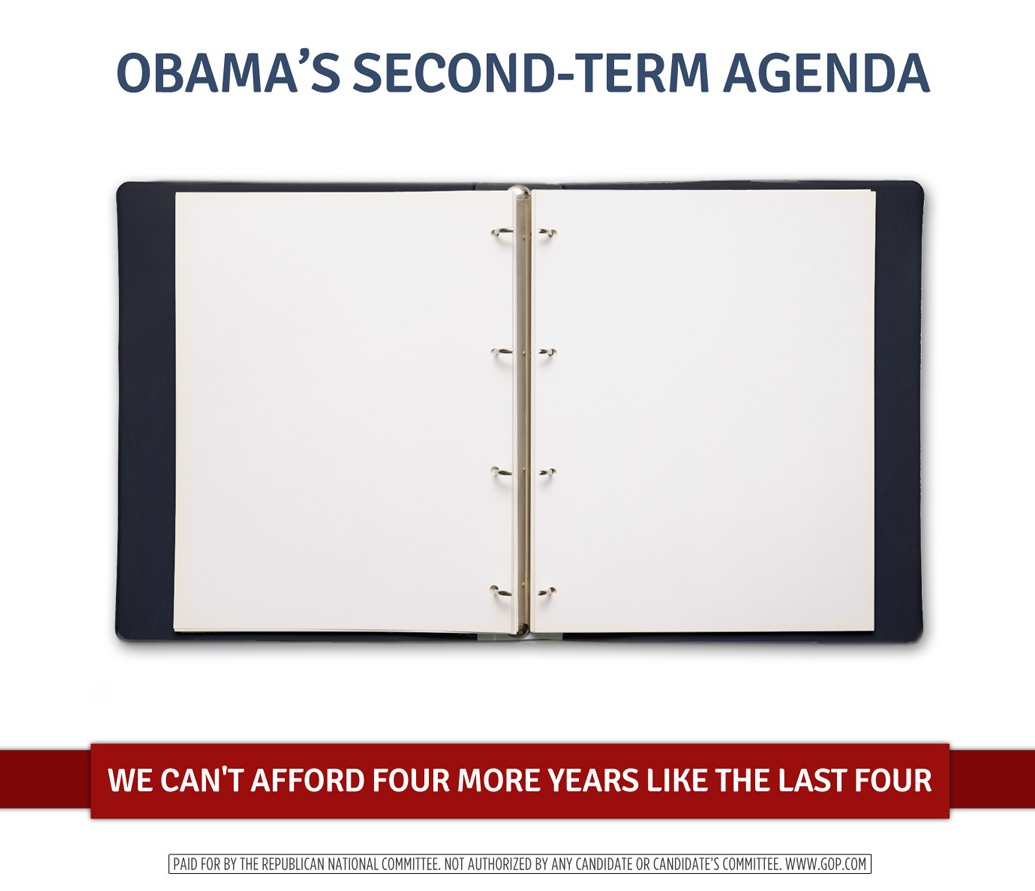 An empty binder, with a caption reading "Obama's second-term agenda"