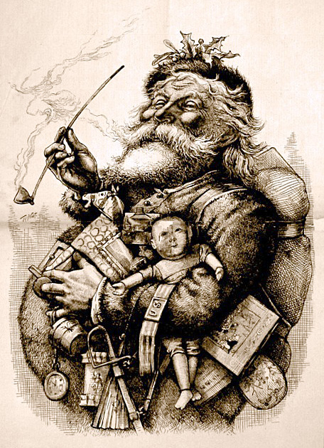 An old-timey illustration of Santa Claus holding toys and smoking a pipe