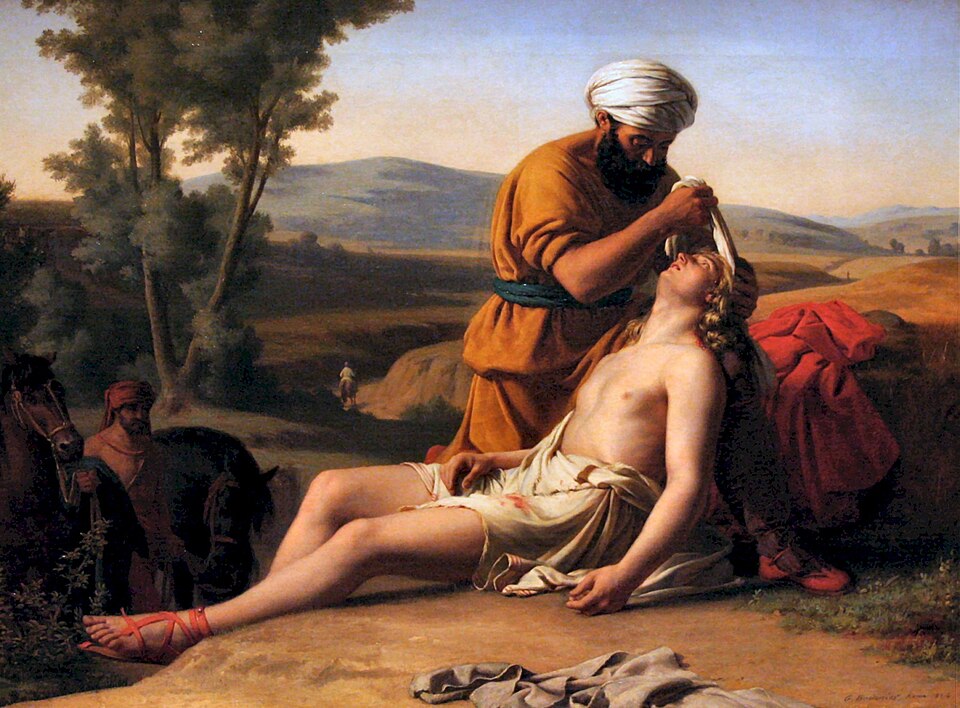 A painting: The Good Samaritan (1826), by Guillaume Bodinier