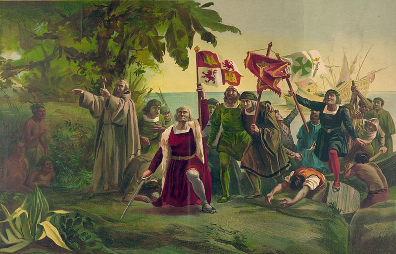 Artwork representing Columbus and a group of Christian soldiers landing in the New World