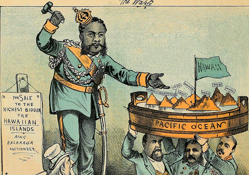 An 1881 political cartoon showing the Hawaiian Islands being auctioned off