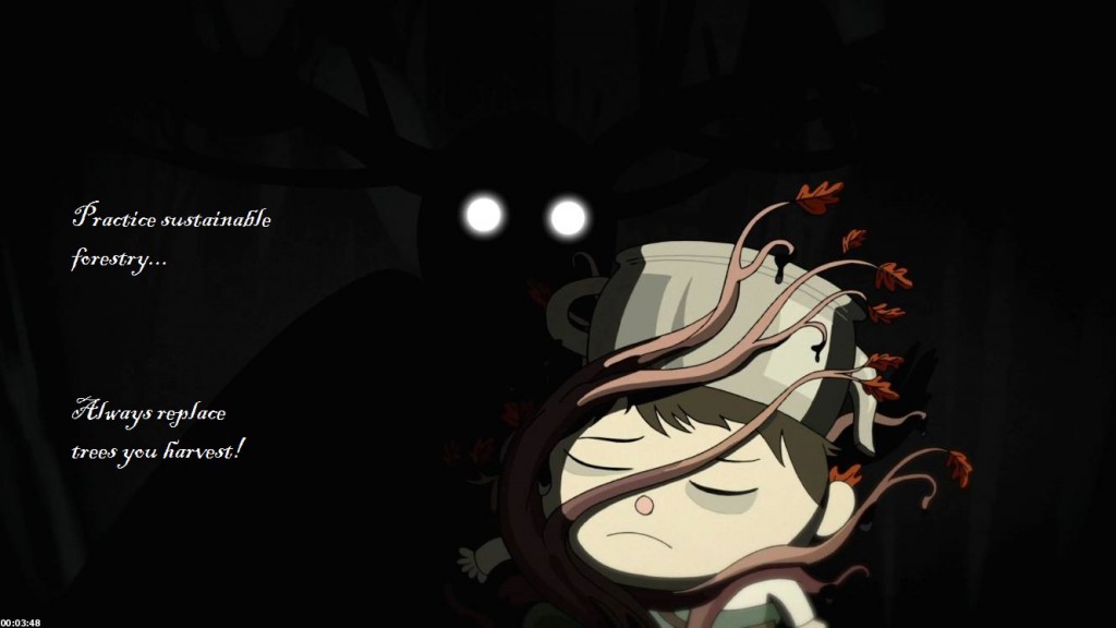 The image shows Gregory, a small child from the miniseries Over the Garden Wall. He is unconscious, and looks tired and sad, with a downturned mouth and dark circles under his eyes. He has a teapot on his head, part of a halloween costume. Tree branches are growing up his body and wrapping around his neck and head, one lying across his face. The branches have a very small number of red oak leaves at the tips, and are dripping some black, oily substance. In the darkness behind the child, a menacing figure looms. It is a black silhouette, darker than the already dim background and difficult to make out. It looks vaguely humanoid, but has large antlers branching from its head, and its eyes are glowing white circles. Its hand can be seen on the other side of Gregory, as if it is reaching out to caress either the child or the tree that is growing around him. The caption reads "Practice sustainable forestry... Always replace trees you harvest!