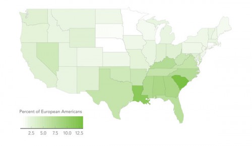 The percentage of self-identified European Americans who have one percent or more of African ancestry.