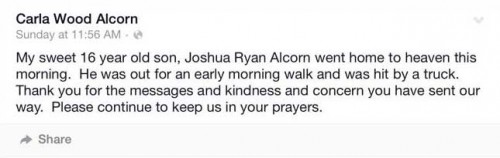 My sweet 16 year old son, Joshua Ryan Alcorn went home to heaven this morning. He was out for an early morning walk and was hit by a truck. Thank you for the messages and kindness and concern you have sent our way. Please continue to keep us in your prayers.