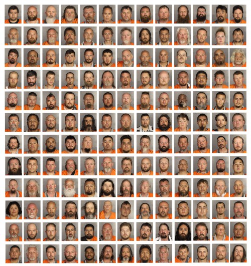 A composite image of handout booking images made available on 19 May 2015 by the McLennan County Sheriff's Department showing scores of men and women arrested and charged with crimes stemming from a large shootout and fight between biker gangs outside the Twin Peaks bar and restaurant at the Central Texas Marketplace in Waco, Texas, USA, 17 May 2015. Reports indicate that nine bikers were shot and killed and 18 other wounded. Police have announced that 192 people face charges of engaging in organized crime.  EPA/MCLENNAN COUNTY SHERIFF  HANDOUT EDITORIAL USE ONLY