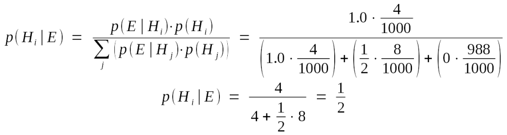 Swapping in values, we find p( H_i | E ) = 1/2 .