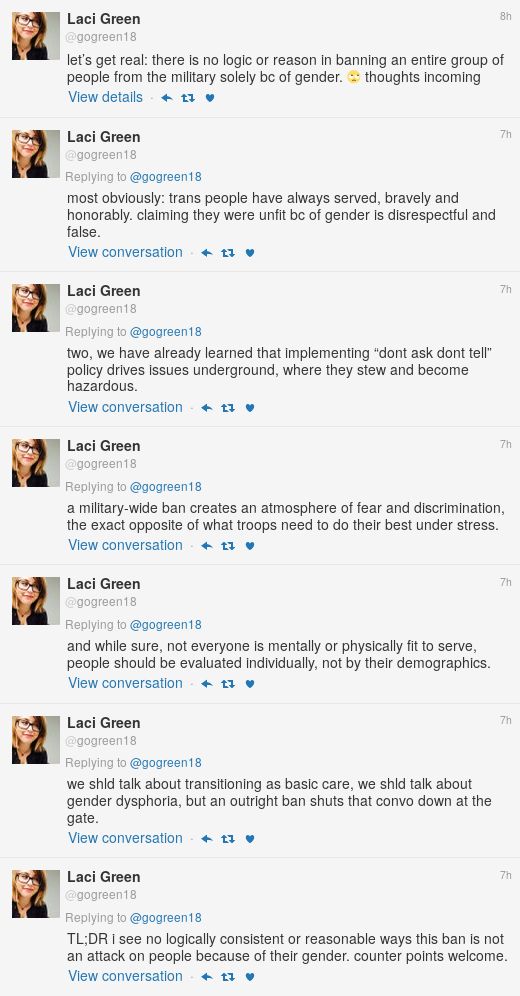 GREEN: let’s get real: there is no logic or reason in banning an entire group of people from the military solely bc of gender. 🙄 thoughts incoming. most obviously: trans people have always served, bravely and honorably. claiming they were unfit bc of gender is disrespectful and false. two, we have already learned that implementing “dont ask dont tell” policy drives issues underground, where they stew and become hazardous. a military-wide ban creates an atmosphere of fear and discrimination, the exact opposite of what troops need to do their best under stress. and while sure, not everyone is mentally or physically fit to serve, people should be evaluated individually, not by their demographics. we shld talk about transitioning as basic care, we shld talk about gender dysphoria, but an outright ban shuts that convo down at the gate. TL;DR i see no logically consistent or reasonable ways this ban is not an attack on people because of their gender. counter points welcome. 