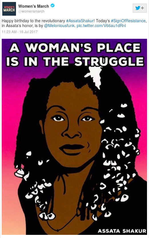 WOMEN'S MARCH: Happy birthday to the revolutionary #AssataShakur! Today's #SignOfResistance, in Assata's honor, is by @Meloniousfunk. pic.twitter.com/V66au1dRnl