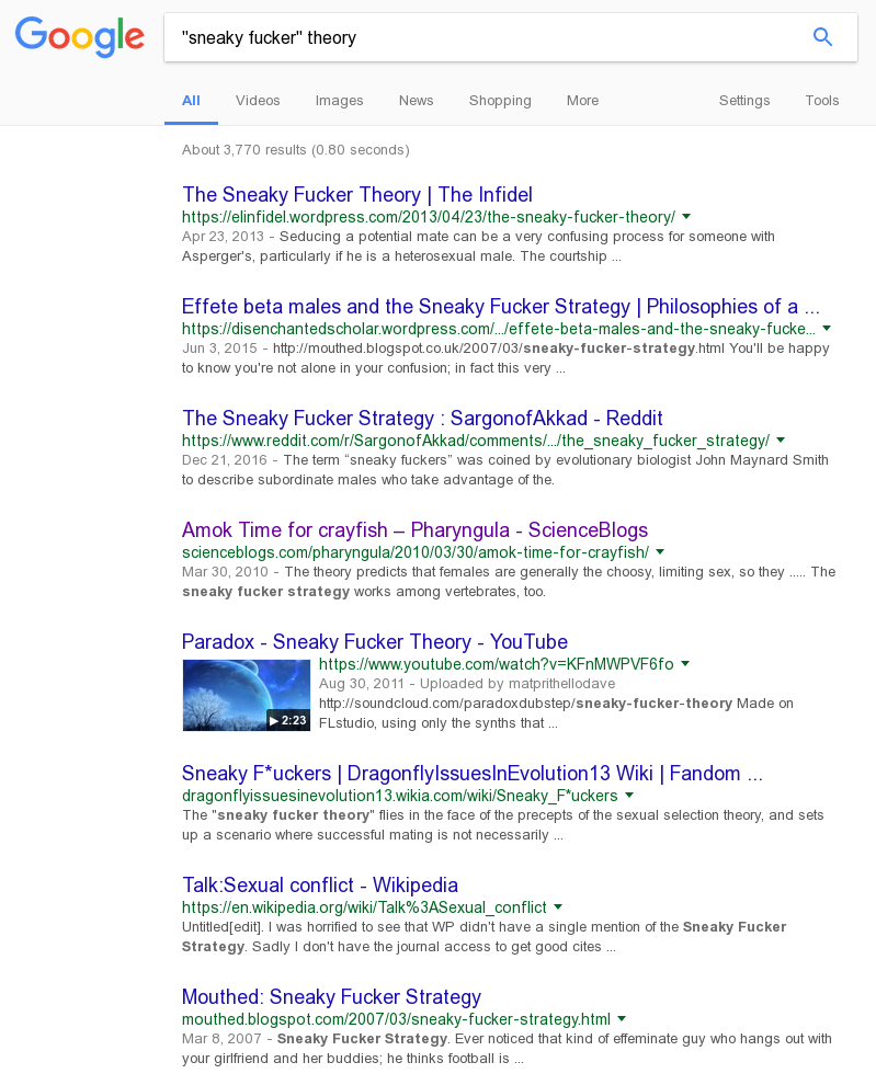 A general Google Search for '"sneaky fucker" theory'. Much more illuminating!