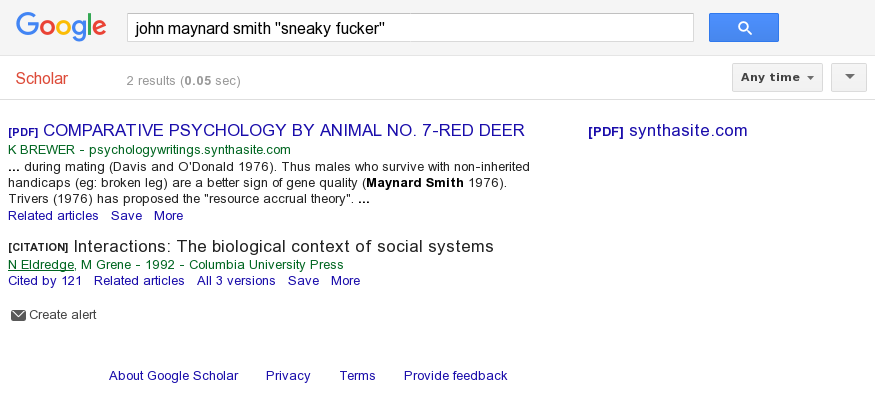 Google Scholar on 'john maynard smith "sneaky fucker"': tumbleweeds.