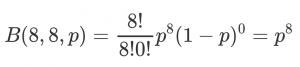 B(8,8,p) = 8!/(8! 0!) p^8 (1-p)^0 = p^8