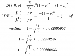 Generating a PDF and CDF for the seven-fake case. (1-p)^7 and (1-p)^8, respectively.