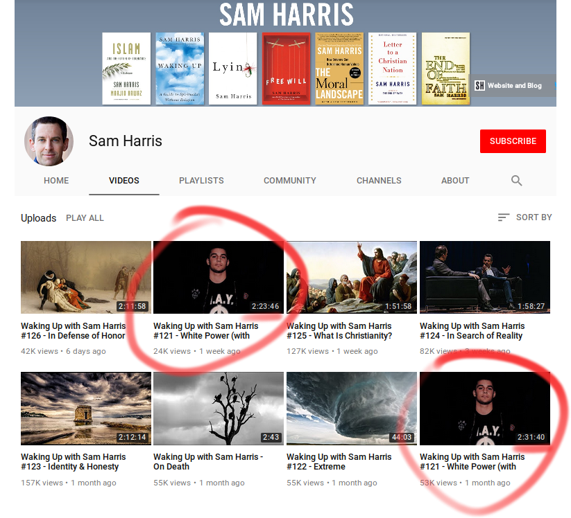 Sam Harris' YouTube page. Note the duplicate?