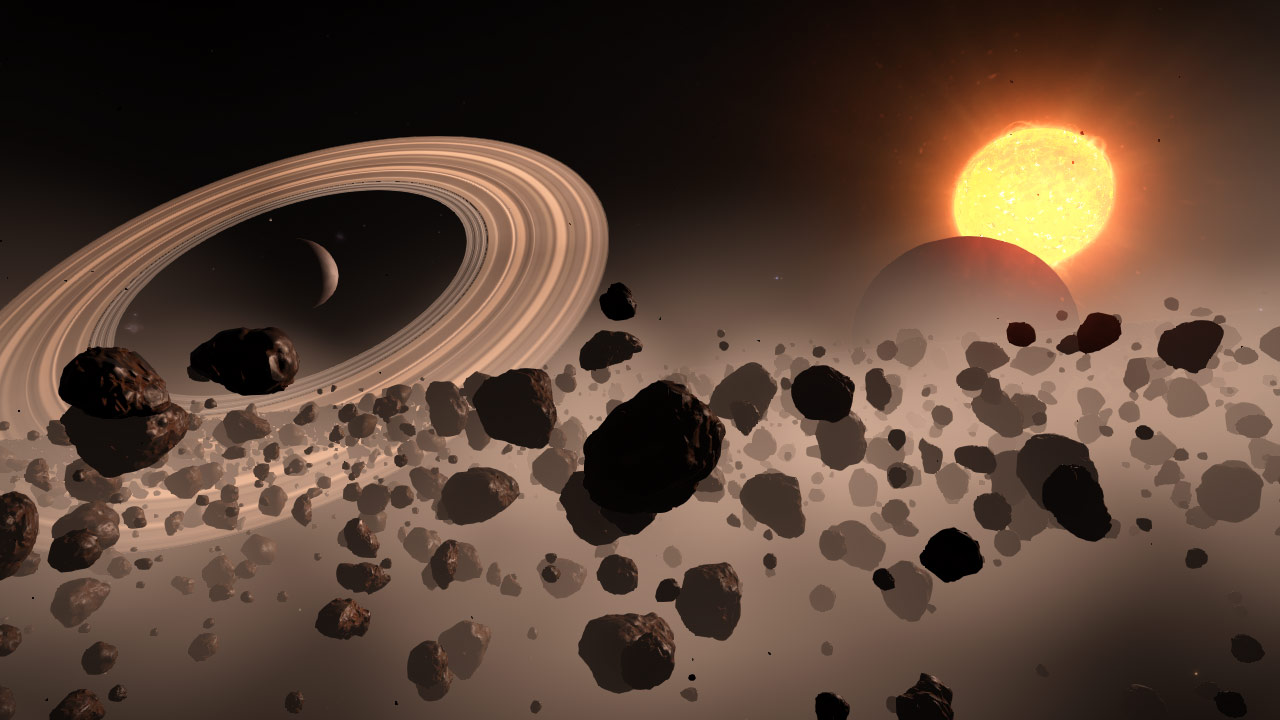 Asteroid mining on the edge of two improbable planetary rings