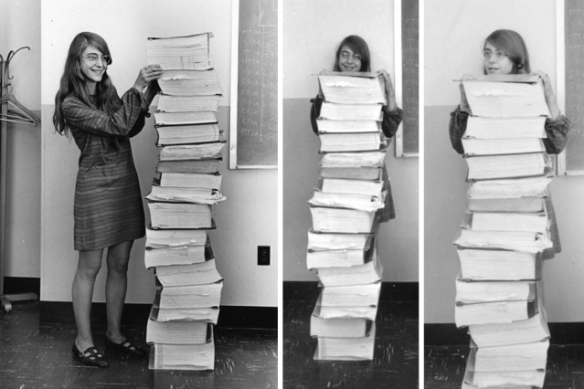 250,000 lines of code stacked up against Margaret Hamilton. Windows runs to 6 million LOC