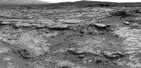 The sinuous rock feature in the lower center of this mosaic of images recorded by the NASA Mars rover Curiosity is called "Snake River." Image taken Dec. 20, 2012. CREDIT: NASA/JPL-Caltech