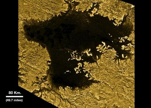 Ligeia Mare, shown here in data obtained by NASA's Cassini spacecraft, is the second largest known body of liquid on Saturn's moon Titan. It is filled with liquid hydrocarbons, such as ethane and methane, and is one of the many seas and lakes that bejewel Titan's north polar region. 