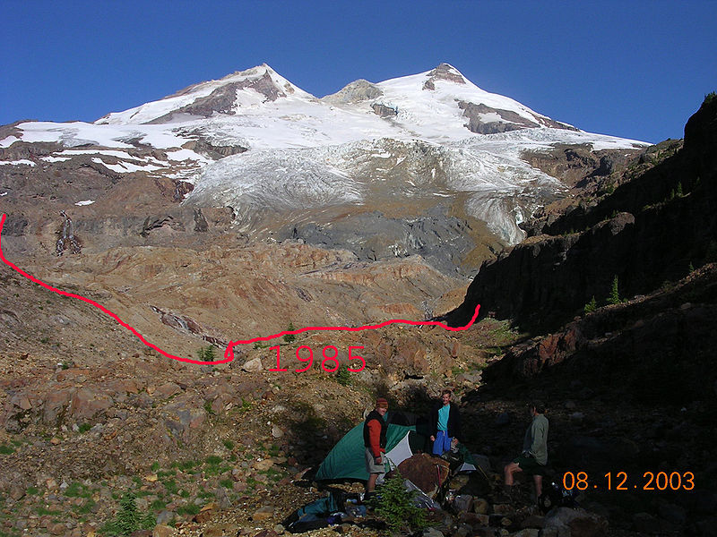 The Boulder Glacier retreated 450 m (1,480 ft) from 1987 to 2003. Click for more info on receding glaciers