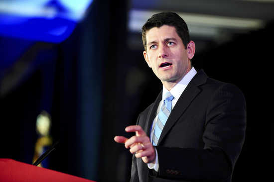 Rep. Paul Ryan, seen here telling the crowd why good Jesus-based values demand we cut Food Stamps and meal assistance for seniors yet again because those kids and old people will probably just trade that food for abortions or something. Probably.